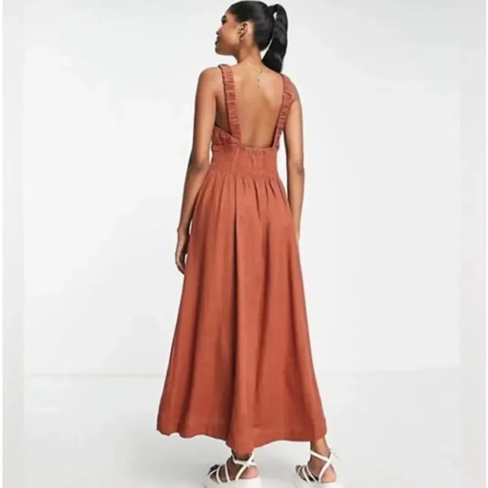 ABERCORMBIE & FITCH Scrunchie Strap Maxi Dress Rust Brown Sz L Petite $120 {D43}